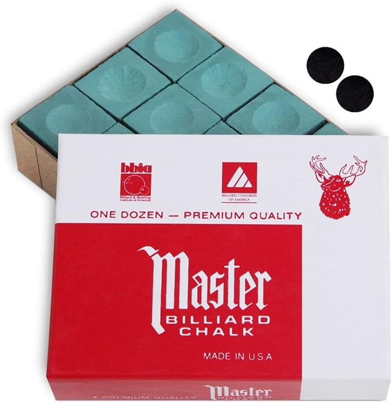 Master Chalk Master Billiard Pool Cue Chalk Premium Quality - 1 Dozen - Made in The USA + 2 pcs of Quality Billiard Pool Table Spots by Tweeten Fibre Co. - Image 1
